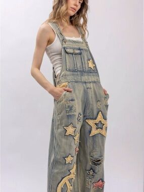 Blue Velver Star and Peace patchwork Wide Leg Denim Overalls NWT size M